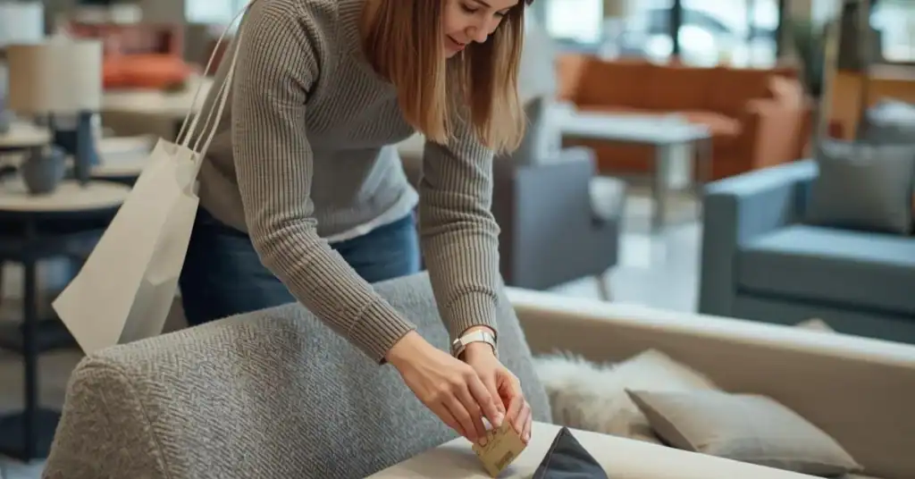 Shopper in a furniture store reading a product label on a sofa.