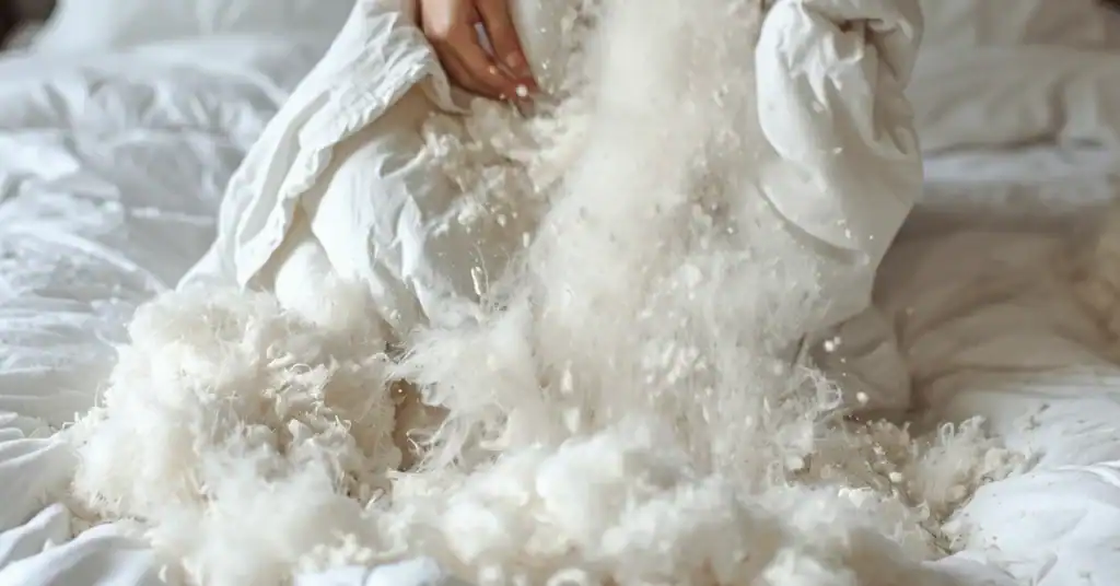 Person holding a clumped down alternative comforter with loose fill spilling onto the bed