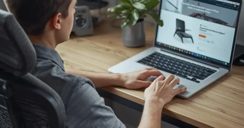 Person shopping for an office chair on a laptop at a wooden desk, viewed from behind.