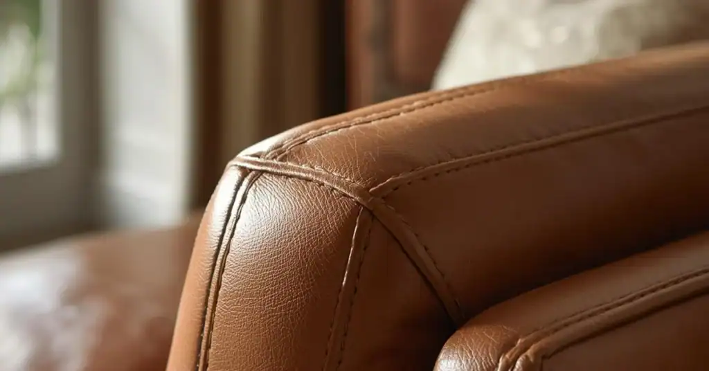 Close-up of a brown leather sofa armrest showing stitching and textured leather surface.