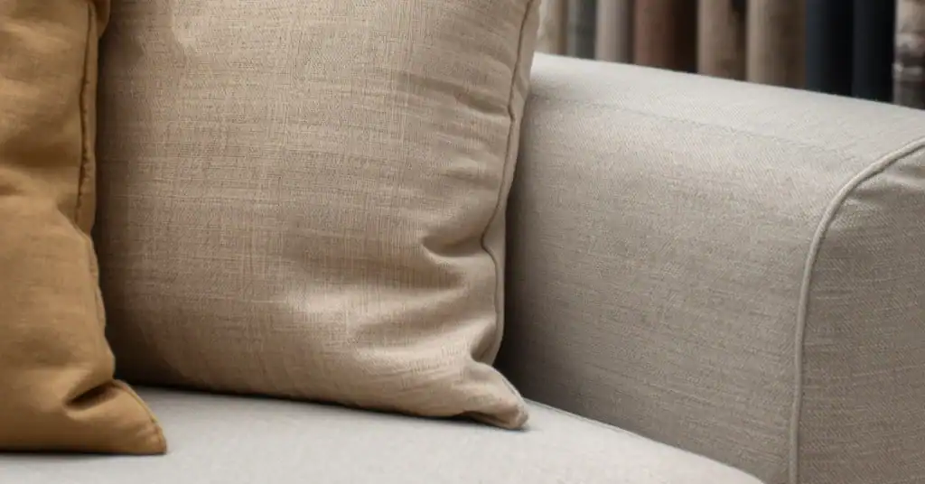 Close-up of a light beige upholstered sofa with textured fabric and neutral throw pillows