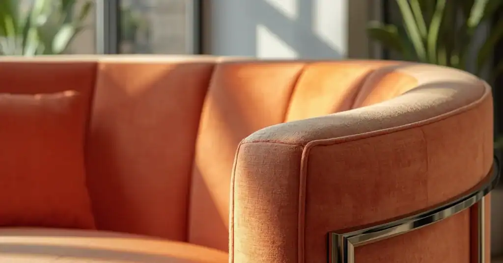 Close-up of a modern upholstered sofa with smooth microfiber-style fabric in warm sunlight