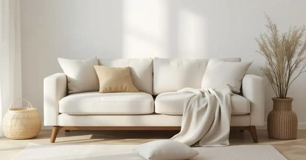 Minimalist living room with a white upholstered couch, neutral pillows, soft natural light, and simple woven decor.