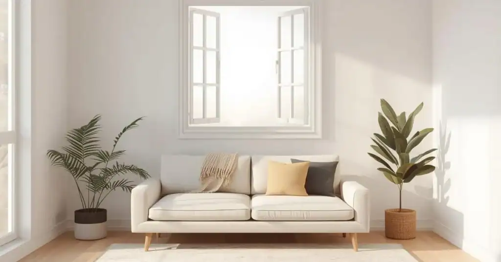Minimalist living room with a light-colored sofa, open window, and bright natural daylight.
