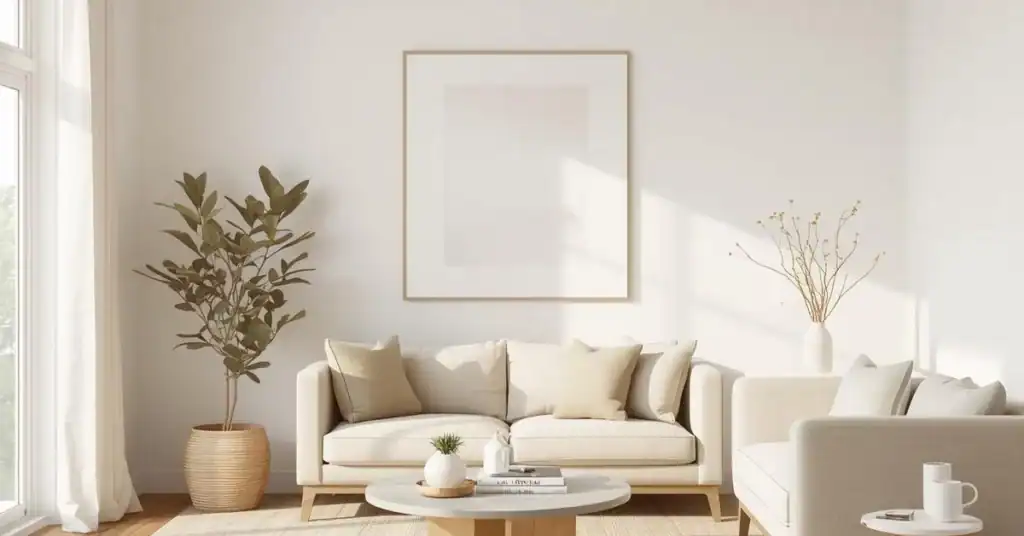 Bright neutral living room with cream-colored sofas, soft natural light, and minimal decor.