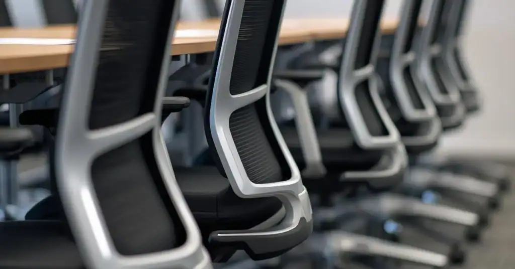 Row of modern office chairs lined up at a conference table in a workplace meeting room.