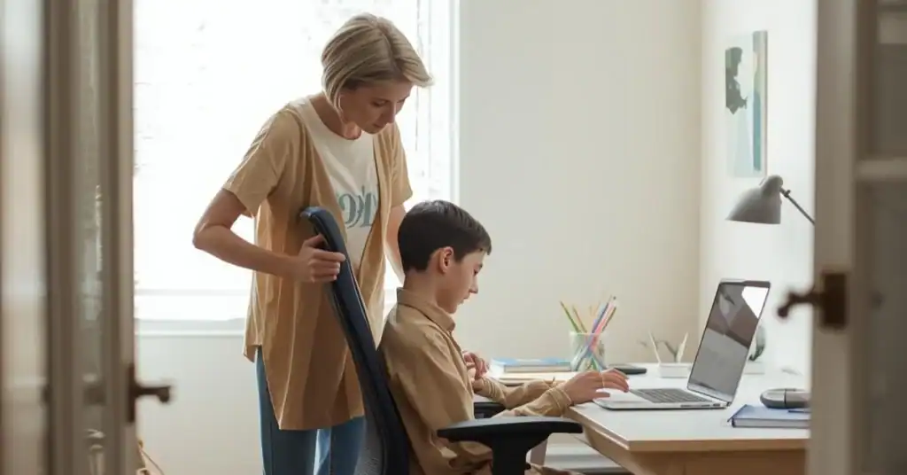 Parent adjusts a desk chair while a teen studies at a home desk with a laptop and school supplies.