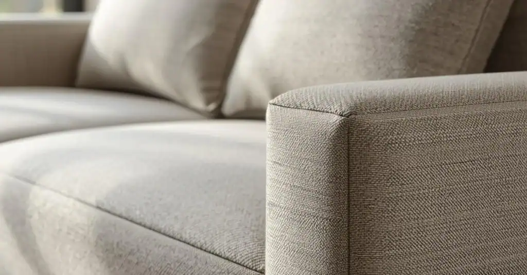 Close-up of a light beige upholstered couch with textured fabric, seat cushion, and armrest in soft natural light.