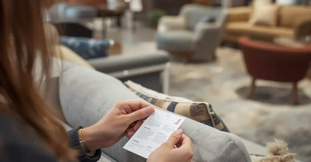 Shopper reading a furniture label while checking upholstered sofa fabric in a showroom