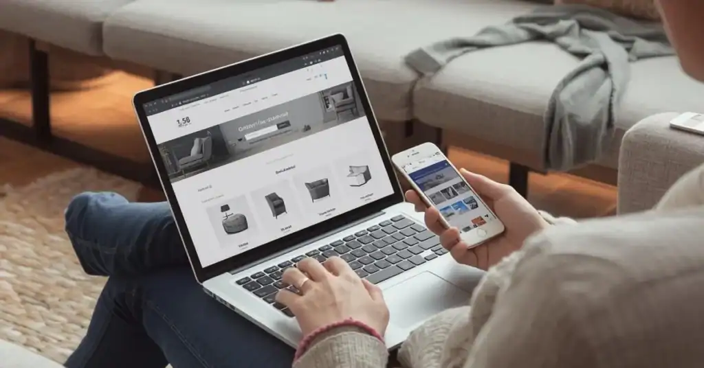 Person comparing furniture options on a laptop and smartphone at home, viewing sofa product listings in a living room.