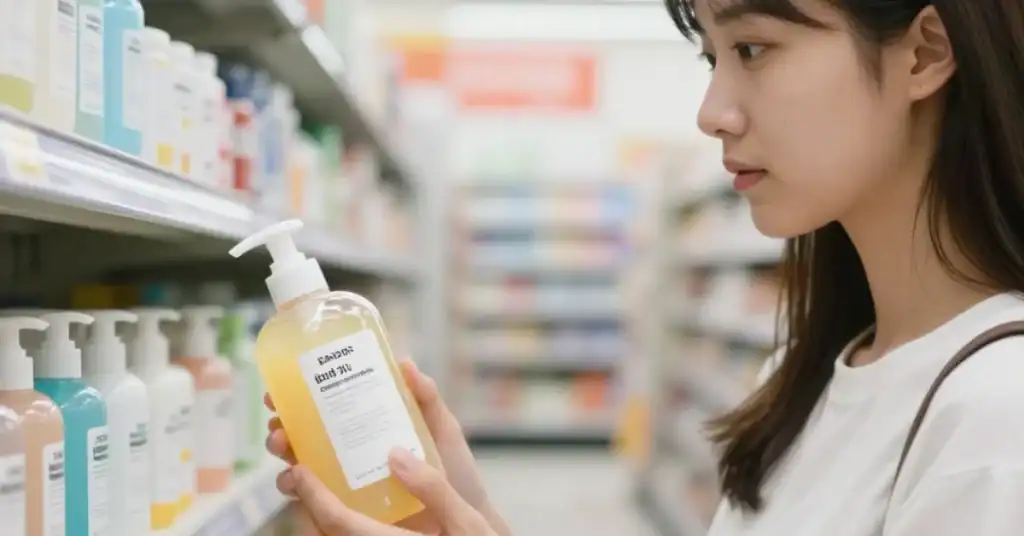 Shopper reading a hand soap label in a store aisle