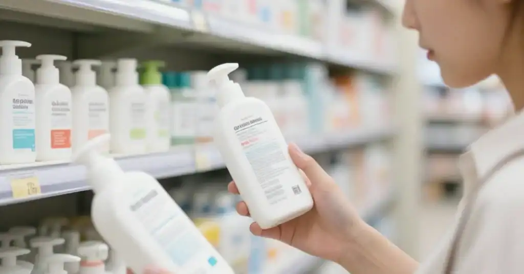 Person comparing two personal care product bottles while reading the label in a store