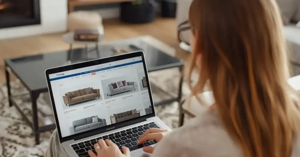 Person browsing sofa options on a laptop at home, comparing furniture listings in a cozy living room.