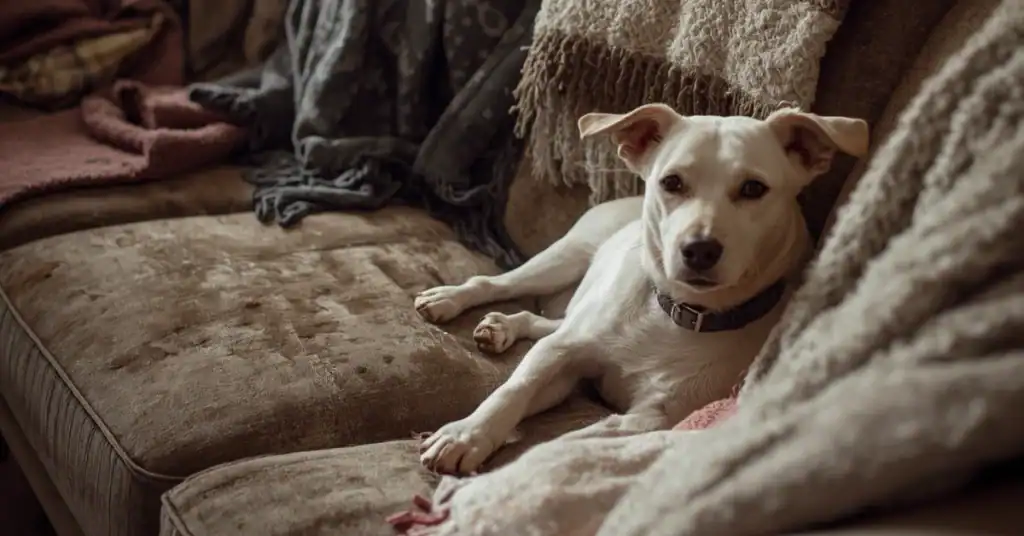 Dog resting on a worn upholstered couch in a lived-in family room