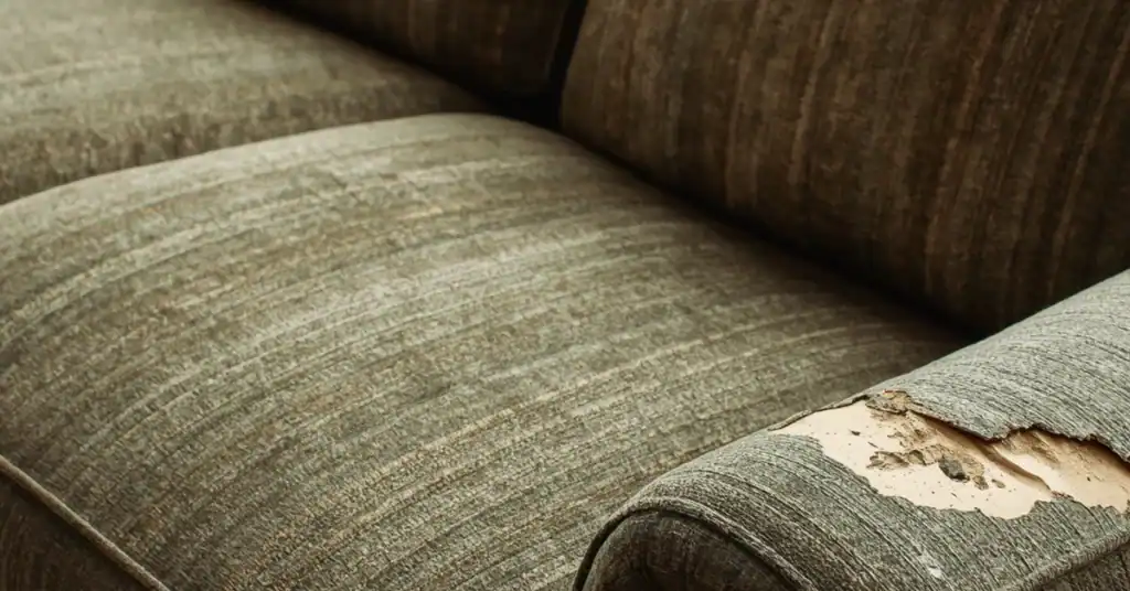 Worn microfiber sofa with visible fabric damage and peeling armrest in a close-up view