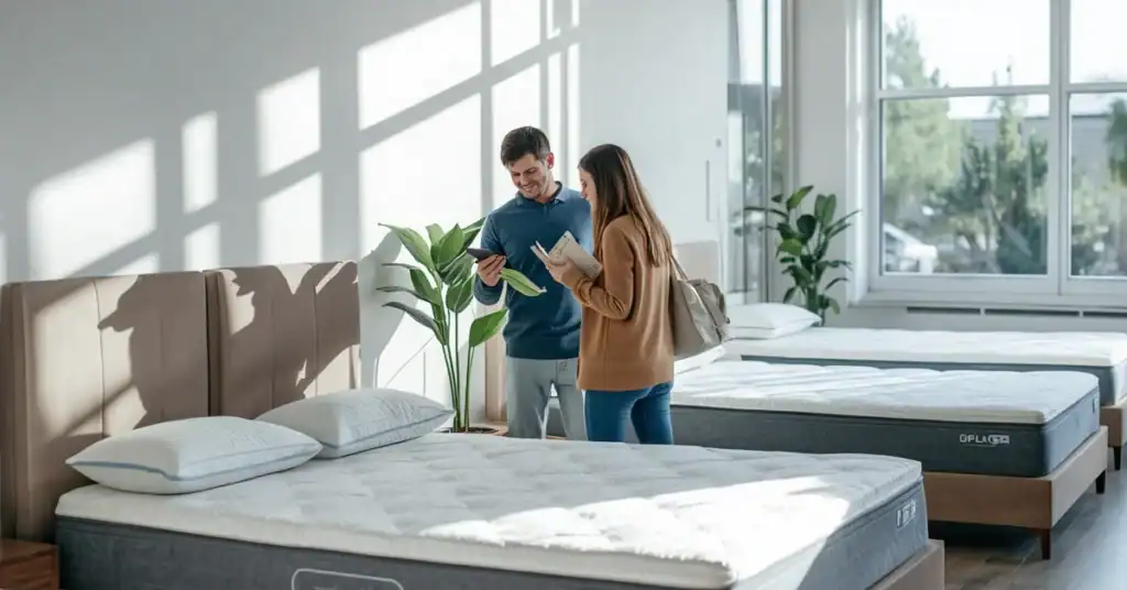 Couple in a bright mattress showroom comparing beds and reading product information before buying.