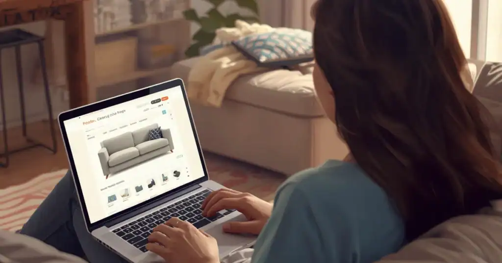Person shopping for a sofa online on a laptop while sitting in a cozy living room.