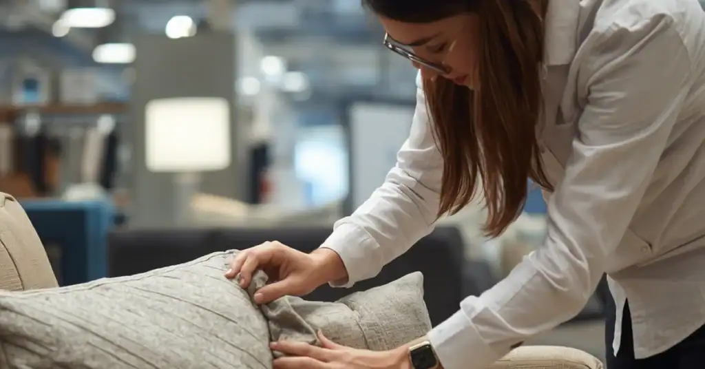 Shopper closely inspecting a couch fabric sample in a furniture showroom
