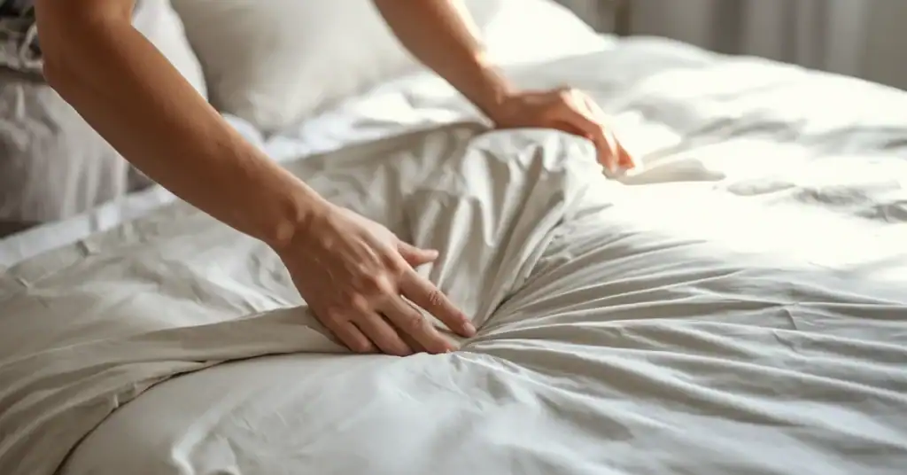 Hands pulling up white bedding or a mattress cover on a neatly made bed in soft natural light.