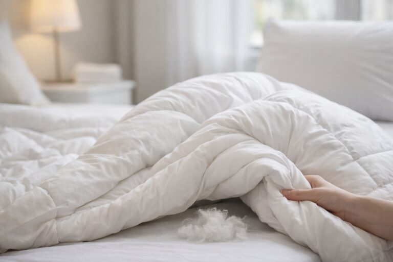 Down alternative comforter with synthetic fiber fill visible on a bed in a softly lit bedroom