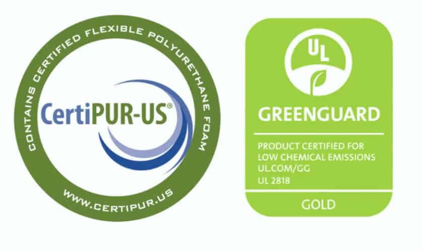 CertiPUR-US and UL GREENGUARD Gold certification logos side by side, representing low-emission polyurethane foam and low chemical emissions for indoor air quality.