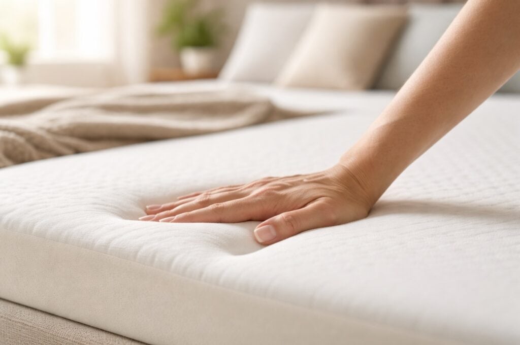 Hand pressing into a white memory foam mattress in a softly lit bedroom, showing foam indentation with a blurred, cozy background.