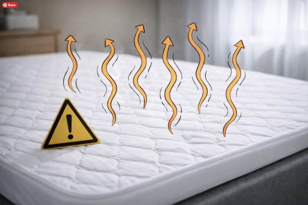 White memory foam mattress with illustrated squiggly arrows rising upward to represent off-gassing, and a small warning sign on the surface.