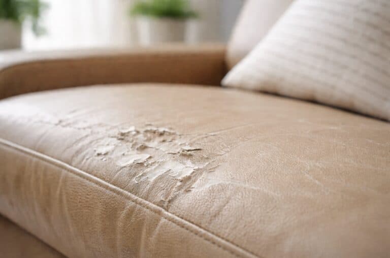 Close-up of a worn faux leather couch cushion with peeling surface and exposed backing, in a softly blurred living room setting.