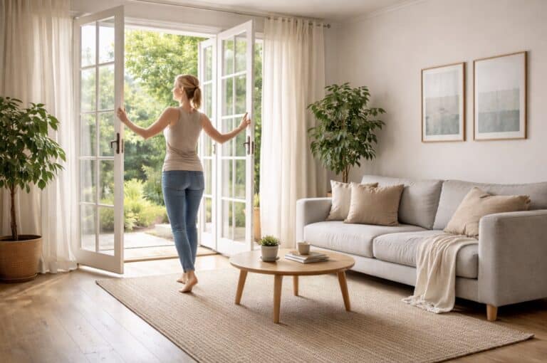 Person opening large windows in a bright living room with a couch nearby, letting in fresh air and natural sunlight