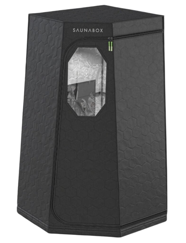 Portable infrared sauna tent with black fabric enclosure and zippered front opening