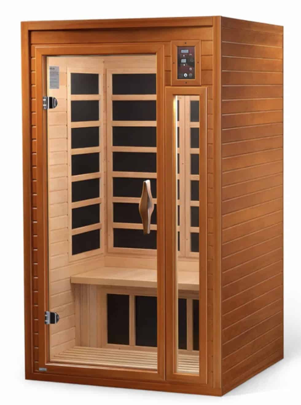 Wooden indoor infrared sauna with glass door and bench seating
