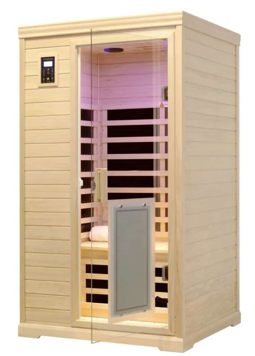 Full-size wooden infrared sauna with interior bench and panel heaters