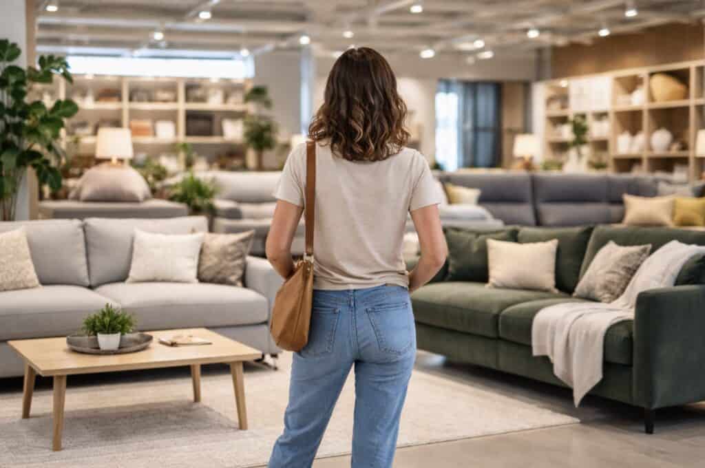 Person standing in a furniture showroom comparing two sofas, one light gray and one dark green