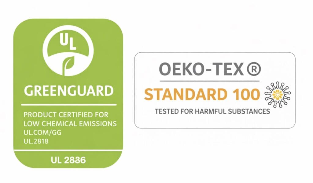 GREENGUARD certification label and OEKO-TEX STANDARD 100 label displayed side by side