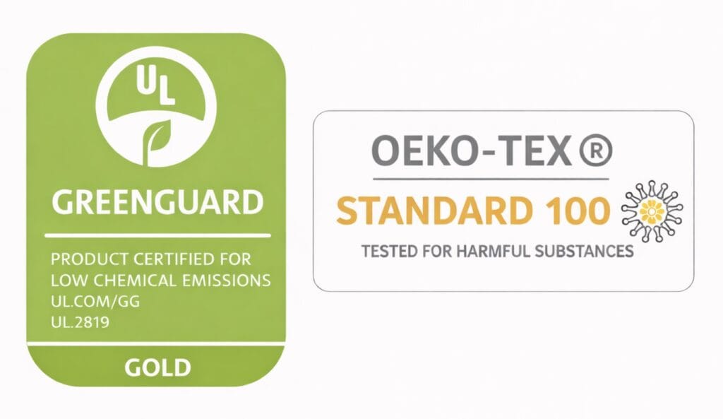 GREENGUARD Gold certification logo next to OEKO-TEX Standard 100 label on a clean white background