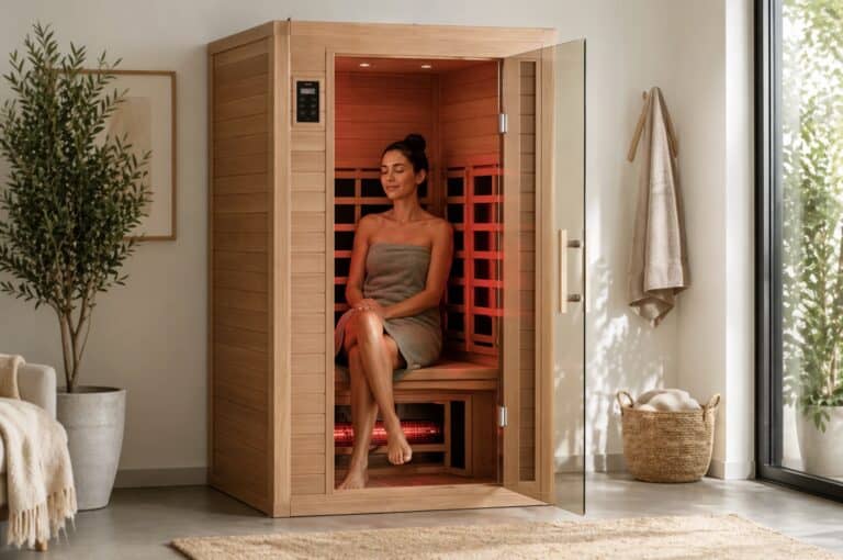 Person relaxing inside a wooden infrared sauna with red heating panels in a clean, modern home setting