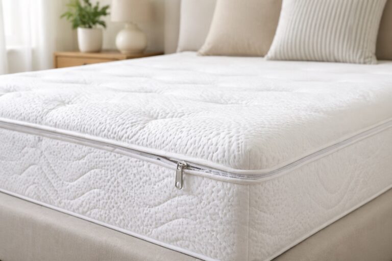 Close-up of a white mattress with a visible zipper seam in a bright, clean bedroom with soft natural lighting.