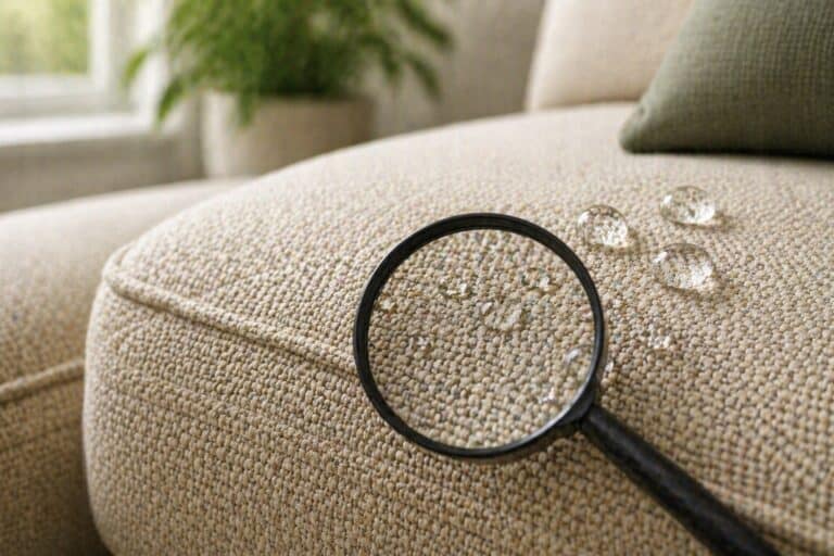 Close-up of a beige textured sofa cushion with water droplets and a magnifying glass highlighting the fabric fibers in a softly lit living room