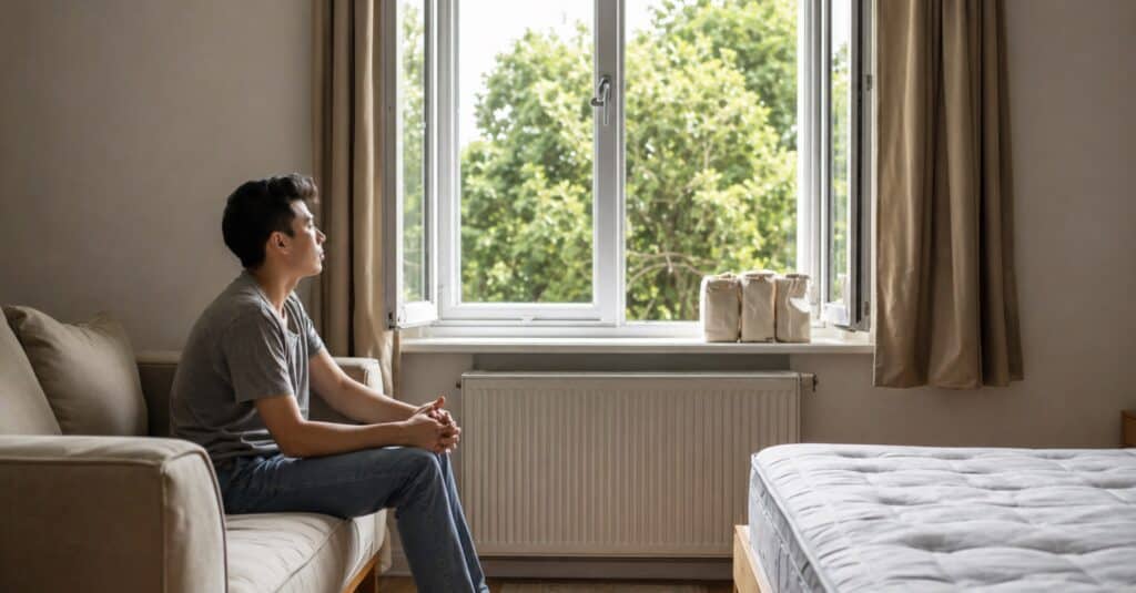 Person sitting near a new mattress by an open window to air out the room