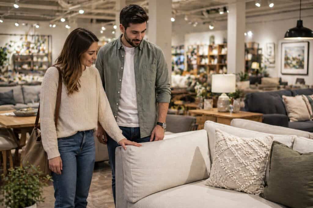 Couple examining a sofa in a modern furniture store showroom with warm lighting and home decor displays in the background