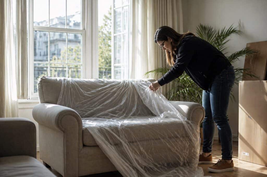 Woman removing plastic from a newly delivered sofa in a sunlit living room