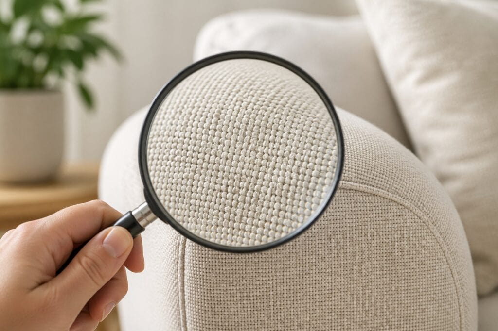 Close-up of a hand holding a magnifying glass over light beige couch fabric, highlighting the texture and weave in a bright, neutral living room.