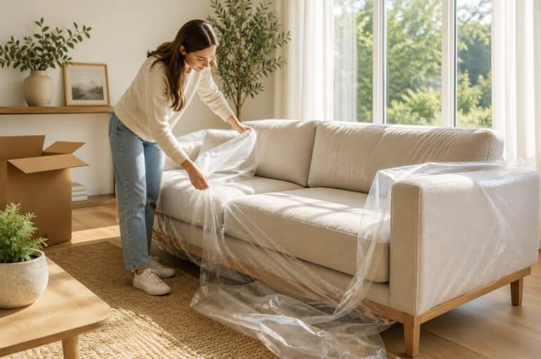 Person removing plastic wrap from a new sofa in a bright living room with natural sunlight and indoor plants