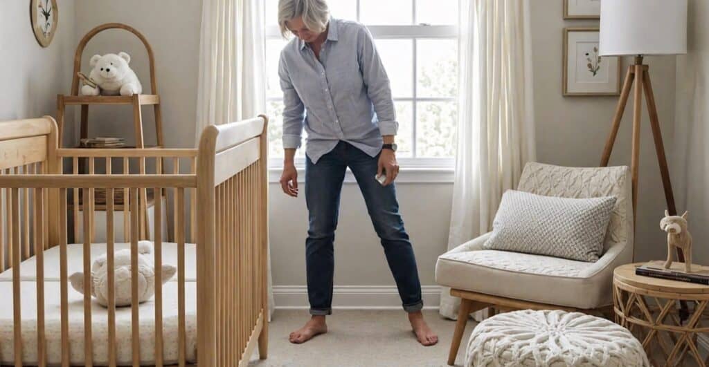 Parent setting up a bright nursery with a crib, chair, and soft natural light