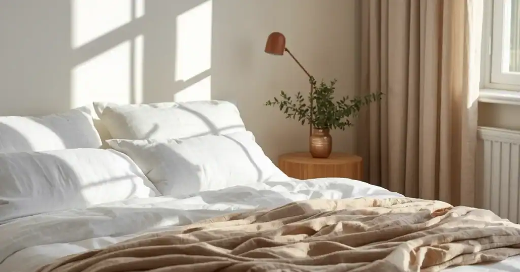 Calm sunlit bedroom with neatly layered bedding, beige accents, and a bedside plant.