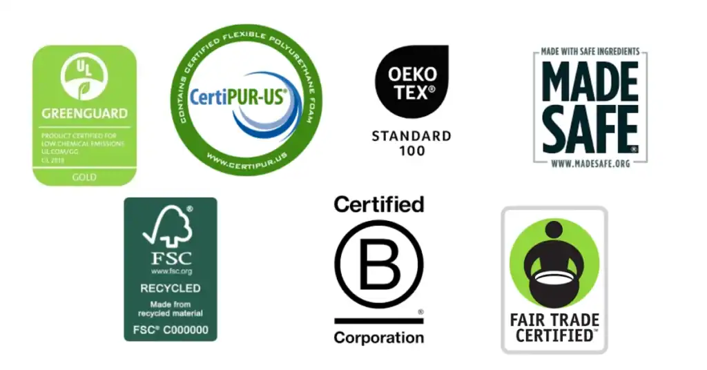 Collection of product certification logos including GREENGUARD Gold, CertiPUR-US, OEKO-TEX, MADE SAFE, FSC, B Corp, and Fair Trade