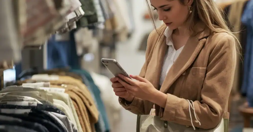 Woman checking furniture details on her phone while shopping for fabric in a store