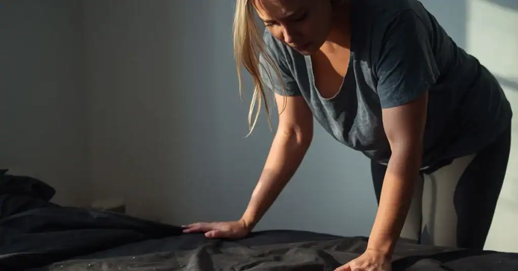 Woman leaning over a bed while checking or adjusting a dark mattress cover in bedroom light.