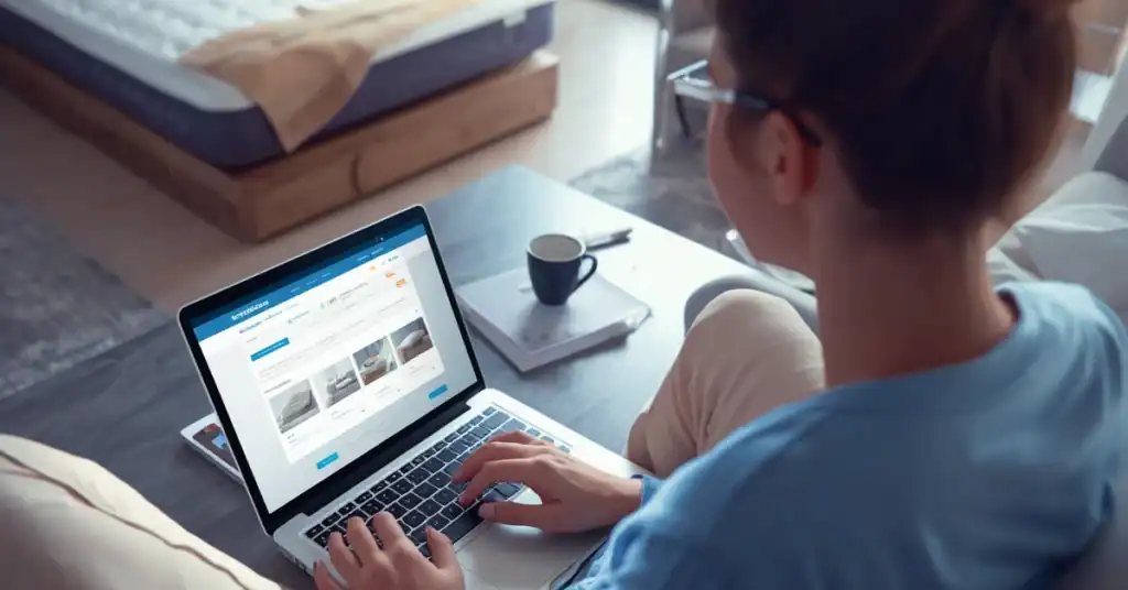 Person sitting on a bed and comparing mattress options on a laptop at home.