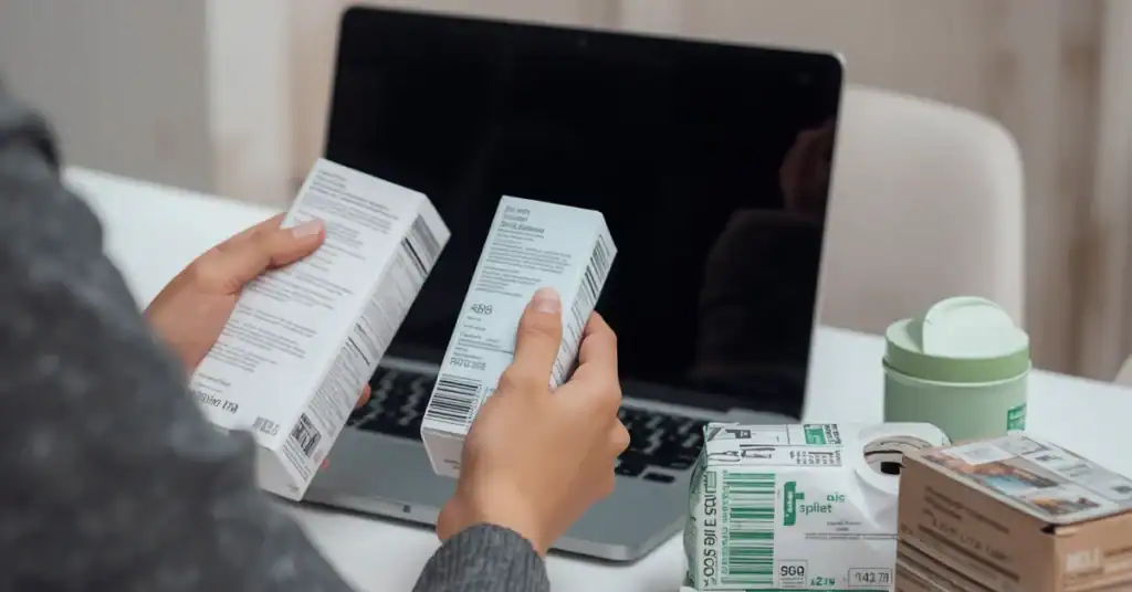 Person comparing product packaging labels at a table with a laptop and household items nearby